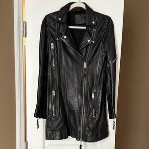 All Saints Long Black Leather Moto Jacket